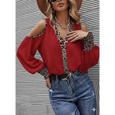 Lucky Life Kadın Omuzlardan Açık Yakalı önden Düğmeli Leopar Detaylı Sandy Bluz