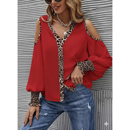 Lucky Life Kadın Omuzlardan Açık Yakalı önden Düğmeli Leopar Detaylı Sandy Bluz