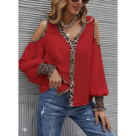 Lucky Life Kadın Omuzlardan Açık Yakalı önden Düğmeli Leopar Detaylı Sandy Bluz
