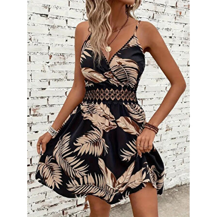 Lucky Life Kadın Ip Askılı Kruvaze Yakalı Desenli Mini Süprem Mini Elbise