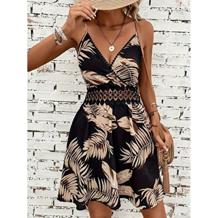 Lucky Life Kadın Ip Askılı Kruvaze Yakalı Desenli Mini Süprem Mini Elbise