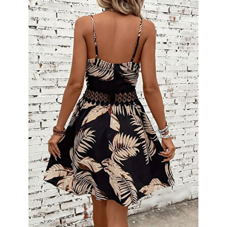 Lucky Life Kadın Ip Askılı Kruvaze Yakalı Desenli Mini Süprem Mini Elbise