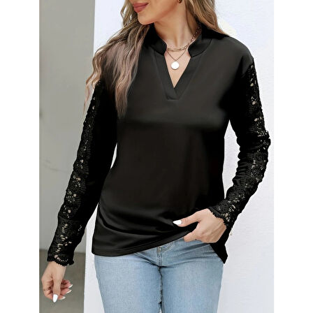 Lucky Life Kadın Uzun Kollu Hakim Yaka Kolları Dantel Detaylı Ithal Krep Bluz