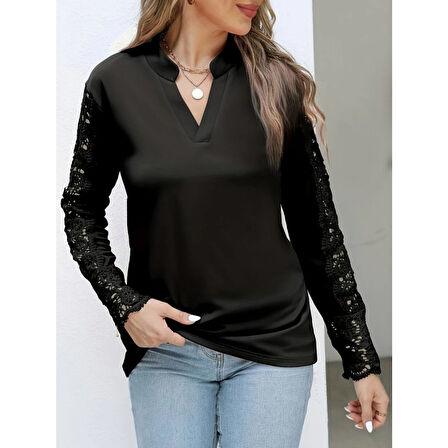 Lucky Life Kadın Uzun Kollu Hakim Yaka Kolları Dantel Detaylı Ithal Krep Bluz