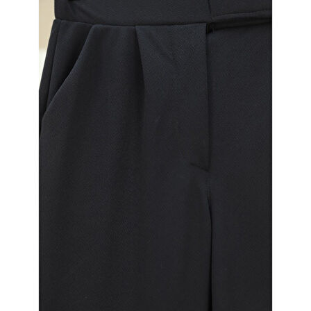 Cırtlı Fermuarlı Palazzo Pantolon -Siyah