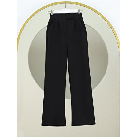 Cırtlı Fermuarlı Palazzo Pantolon -Siyah