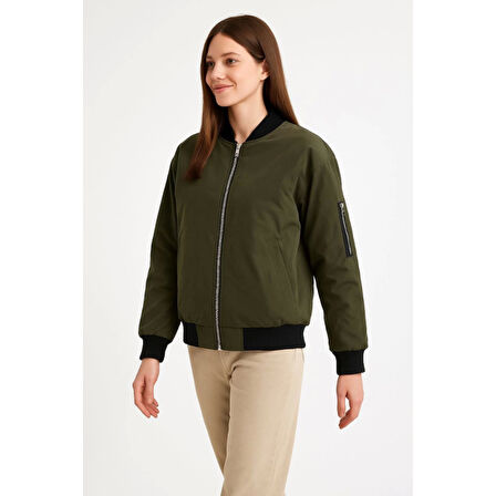 Içi Astarlı Fermuarlı Lucky Life Bomber Mont Ceket - Haki