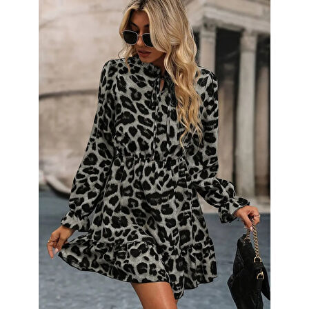 Lucky Life Kadın Uzun Kollu Yakadan Bağlamalı Beli Lastikli şardonlu Dalgıç Elbise