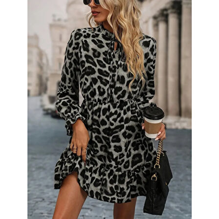 Lucky Life Kadın Uzun Kollu Yakadan Bağlamalı Beli Lastikli şardonlu Dalgıç Elbise