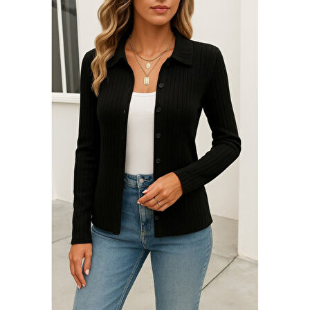 Lucky Life Kadın Uzun Kollu Yakalı önden Düğmeli Triko Ceket