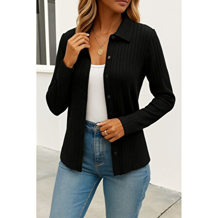 Lucky Life Kadın Uzun Kollu Yakalı önden Düğmeli Triko Ceket