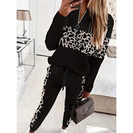 Lucky Life Kadın Uzun Kollu Fermuarlı Karışık Desenli Viskon Iki Iplik Bluz Ve Pantolon Ikili Takım