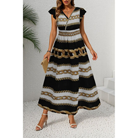 Lucky Life Kadın Kısa Kollu Kruvaze Yakalı Beli Lastikli Desenli Maksi Boy örme Krep Elbise