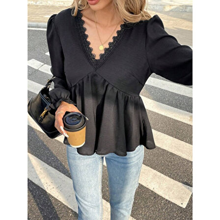 Lucky Life Lucky Life Kadın Uzun Kollu V Dantel Yaka Aerobin Bluz