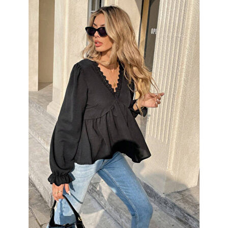 Lucky Life Lucky Life Kadın Uzun Kollu V Dantel Yaka Aerobin Bluz