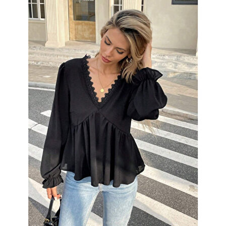 Lucky Life Lucky Life Kadın Uzun Kollu V Dantel Yaka Aerobin Bluz