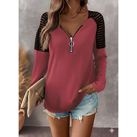 Lucky Life Kadın Uzun Kollu Yakadan Fermuarlı Viskon Bluz