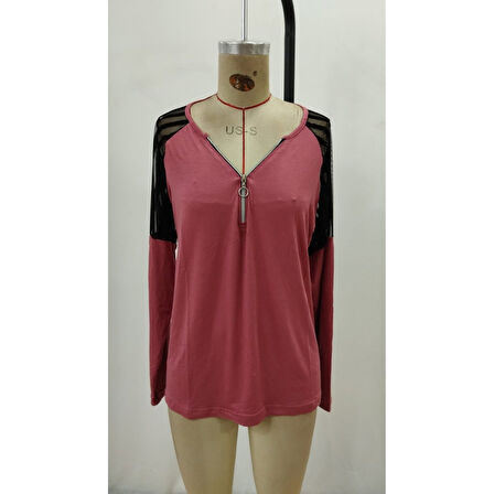 Lucky Life Kadın Uzun Kollu Yakadan Fermuarlı Viskon Bluz