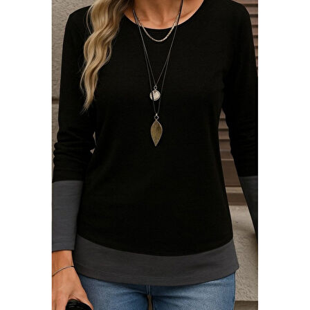 Lucky Life Kadın Uzun Kollu Açık Yuvarlak Yaka Blok Renkli Viskon Bluz