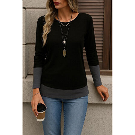 Lucky Life Kadın Uzun Kollu Açık Yuvarlak Yaka Blok Renkli Viskon Bluz