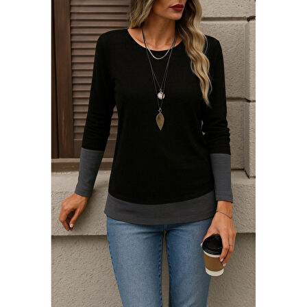 Lucky Life Kadın Uzun Kollu Açık Yuvarlak Yaka Blok Renkli Viskon Bluz