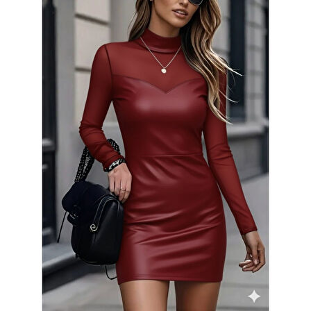 Lucky Life Kadın Uzun Kollu Balıkçı Yaka Tül Detaylı Mini Deri Elbise