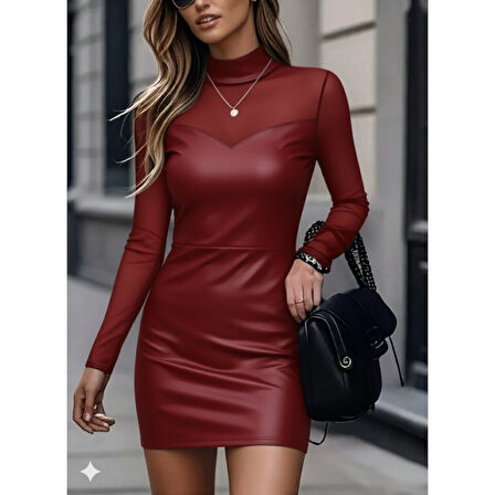 Lucky Life Kadın Uzun Kollu Balıkçı Yaka Tül Detaylı Mini Deri Elbise