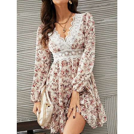 Lucky Life Lucky Life Kadın Uzun Kollu Dantel V Yakalı Mini Desenli Süprem Elbise