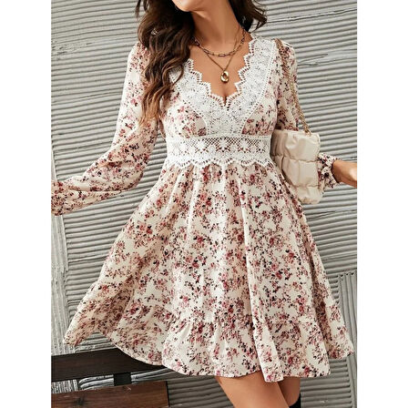 Lucky Life Lucky Life Kadın Uzun Kollu Dantel V Yakalı Mini Desenli Süprem Elbise