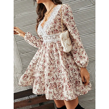 Lucky Life Lucky Life Kadın Uzun Kollu Dantel V Yakalı Mini Desenli Süprem Elbise