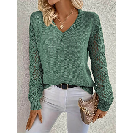 Lucky Life Lucky Life Kadın Uzun Kollu V Yaka Kol Delikli Baklava Desen Detaylı Triko Kazak