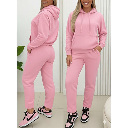 Lucky Life Lucky Life Kadın Uzun Kollu Kapşonlu Bağcıklı üç Iplik Bluz Ve Pantolon Ikili Takım