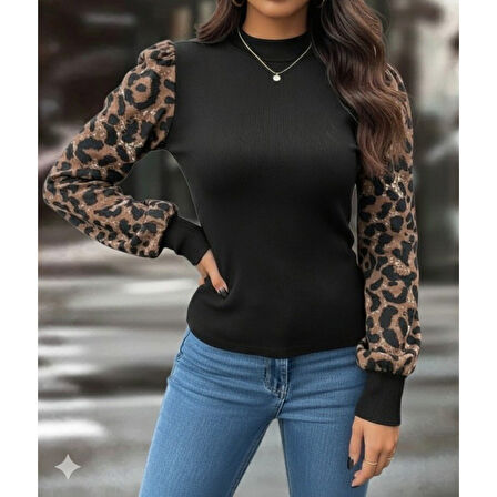 Lucky Life Kadın Uzun Kollu Yarı Balıkçı Yaka Leopar Detaylı Kaşkorse Bluz