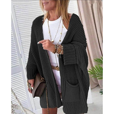 Lucky Life Kadın Oversize Kalıp Cep Detay Salaş Triko Hırka