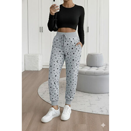 Lucky Life Kadın Yüksek Bel Bağcıklı Desenli Iki Iplik Pantolon