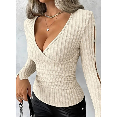 Lucky Life Kadın Uzun Kollu Kruvaze Yakalı Incili şardonlu Kaşkorse Bluz