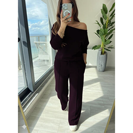 Lucky Life Kadın Uzun Kollu Tek Omuzdan Açık Modal Bluz Ve Pantolon Ikili Mürdüm Takım