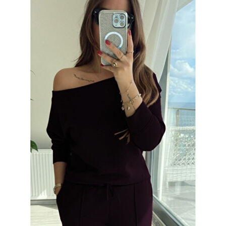 Lucky Life Kadın Uzun Kollu Tek Omuzdan Açık Modal Bluz Ve Pantolon Ikili Mürdüm Takım