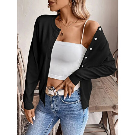 Lucky Life Kadın Uzun Kollu önden Düğmeli Triko Ceket