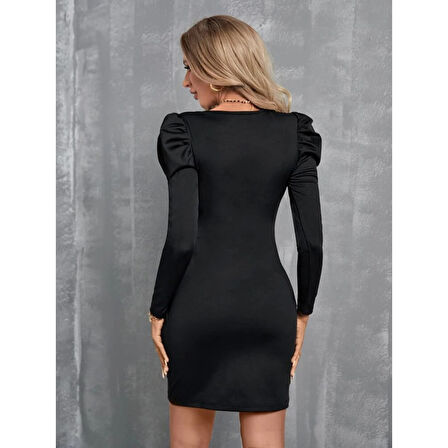 Lucky Life Kadın Uzun Kollu Kruvaze Yaka Kol Detaylı Ithal Krep Mini Elbise