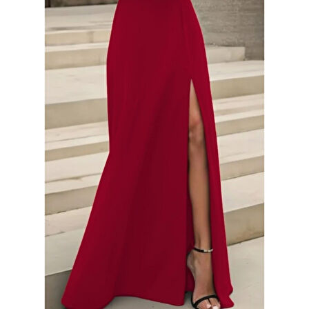 Lucky Life Lucky Life Kadın Uzun Kollu Madonna Yakalı Yırtmaç Detaylı Uzun Ithal Krep Elbise