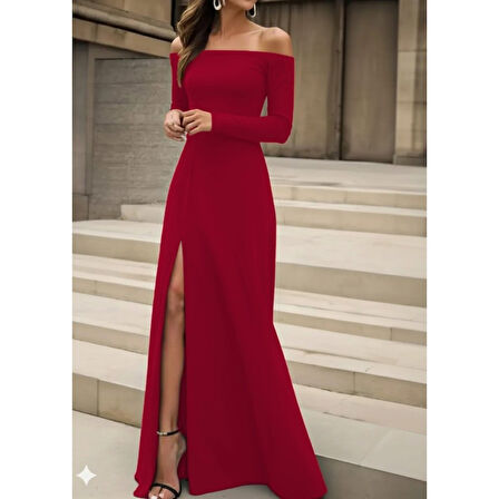 Lucky Life Lucky Life Kadın Uzun Kollu Madonna Yakalı Yırtmaç Detaylı Uzun Ithal Krep Elbise