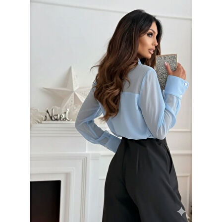 Lucky Life Kadın Uzun Kollu Yakalı önden Düğmeli Tül Detaylı Dokuma Viskon Bluz