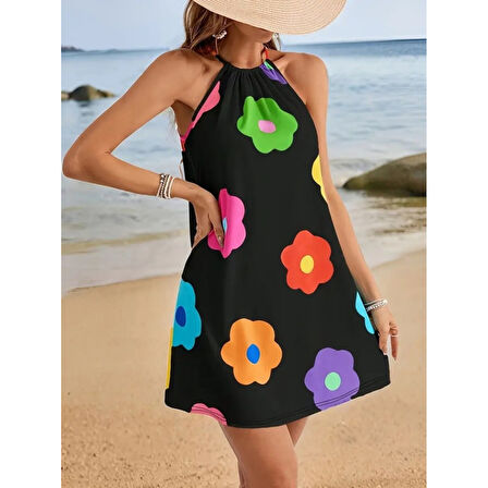 Lucky Life Kadın Boyundan Askılı Kolsuz çiçek Desenli Süprem Elbise