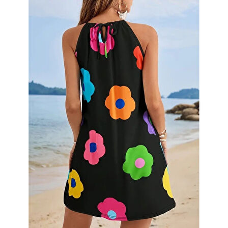 Lucky Life Kadın Boyundan Askılı Kolsuz çiçek Desenli Süprem Elbise