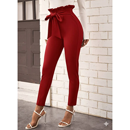 Lucky Life Kadın Yüksek Bel Beli Fırfırlı önden Bağlamalı Ithal Krep Pantolon