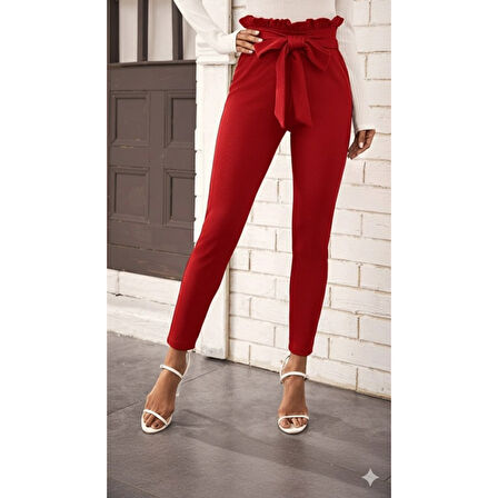 Lucky Life Kadın Yüksek Bel Beli Fırfırlı önden Bağlamalı Ithal Krep Pantolon