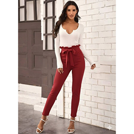 Lucky Life Kadın Yüksek Bel Beli Fırfırlı önden Bağlamalı Ithal Krep Pantolon