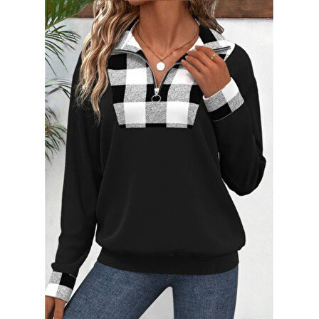 Lucky Life Kadın Uzun Kollu Yakalı önden Fermuarlı Ekose Detaylı Viskon Iki Iplik Bluz