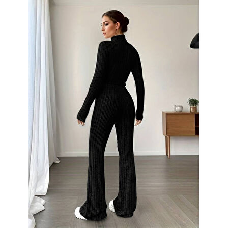 Lucky Life Kadın Uzun Kollu Balıkçı Yaka Krop Ve Pantolon şardonlu Kaşkorse Ikili Takım